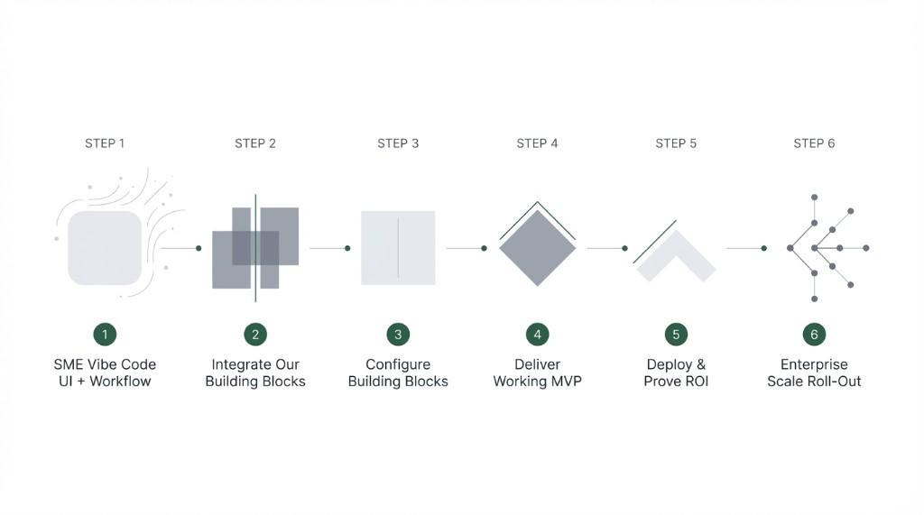 Six-step process: SME Vibe Code UI + Workflow, Integrate Building Blocks, Configure Building Blocks, Deliver Working MVP, Deploy & Prove ROI, Enterprise Scale Roll-Out